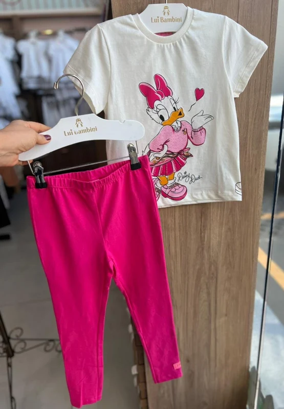 CONJUNTO BLUSA MANGA CURTA DAISY STRASS E CALÇA LEGGING MENINA MOMI OFF/PINK / 10