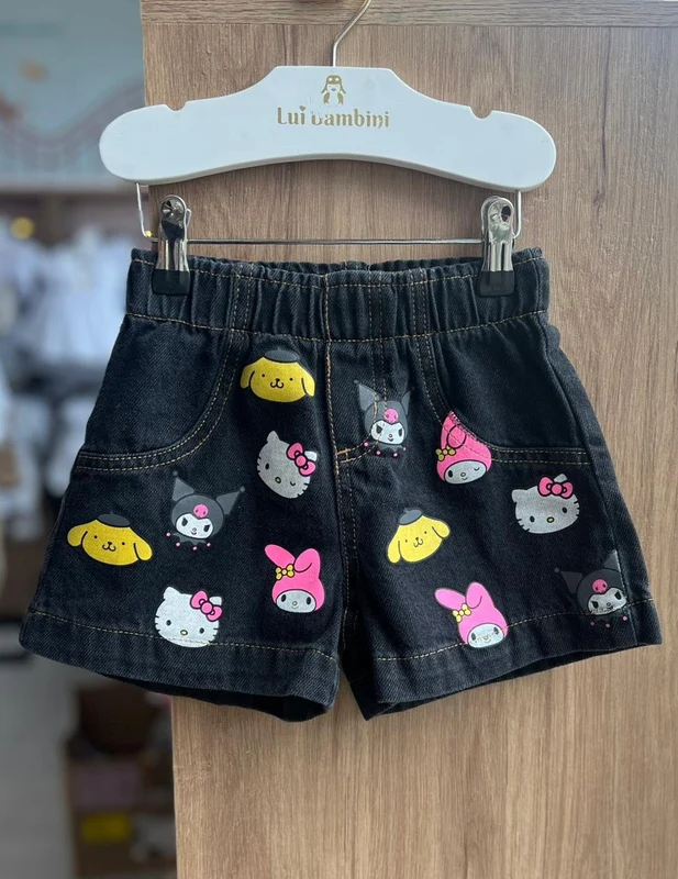 SHORT JEANS ELÁSTICO CÓS HELLO KITTY FRIENDS AMIGOS BOLSO FAKE MENINA MOMI JEANS ESCURO / 12