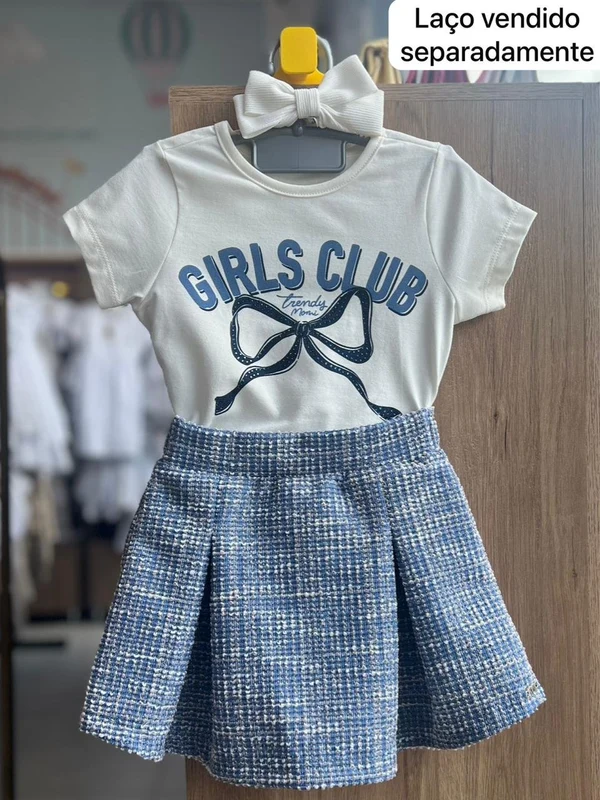 CONJUNTO BLUSA MANGA CURTA GIRLS CLUB LAÇO E SAIA TWEED MENINA MOMI OFF/AZUL / 4