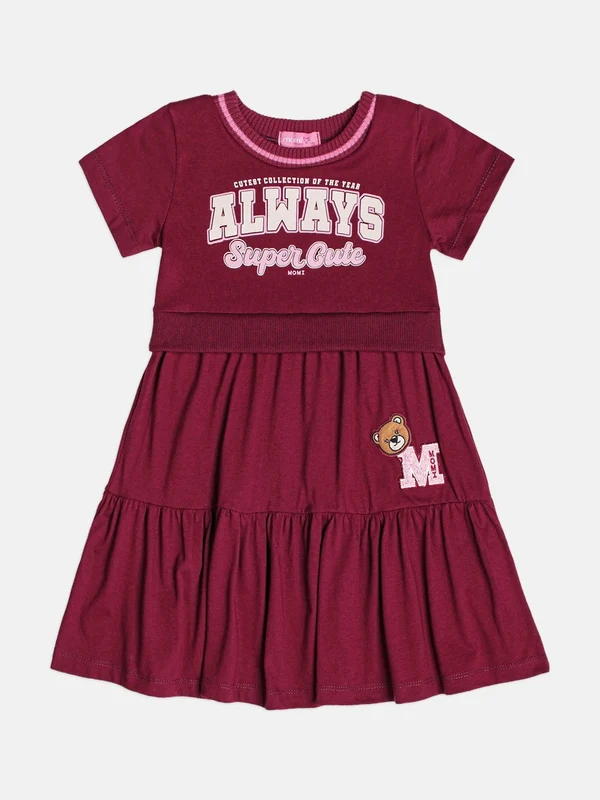 VESTIDO MANGA CURTA ALWAYS URSO PATCH MENINA MOMI VINHO / 6