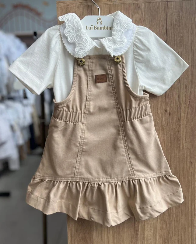 CONJUNTO BLUSA MANGA CURTA PEITILHO LISA BÁSICA E SALOPETE ALÇA BOTÃO MENINA ANIMÊ OFF/BEGE / 8