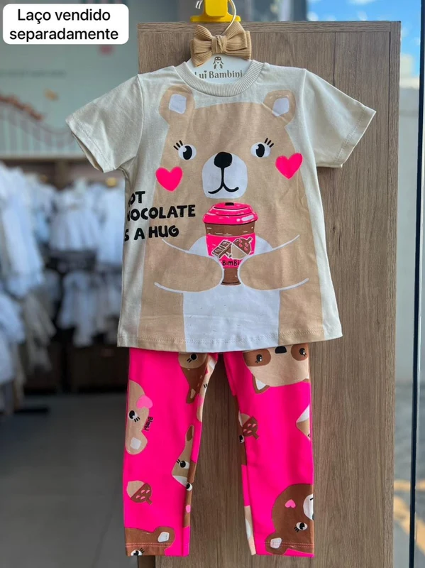 CONJUNTO BLUSA MANGA CURTA URSO CHOCOLATE QUENTE E CALÇA LEGGING MENINA BIMBI BEGE/ROSA / 14