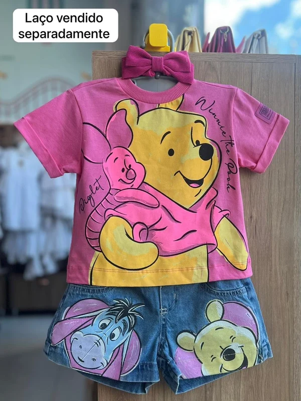 CONJUNTO BLUSA MANGA CURTA LEITÃO URSINHO POOH E SHORT JEANS MENINA ANIMÊ ROSA/JEANS / 8