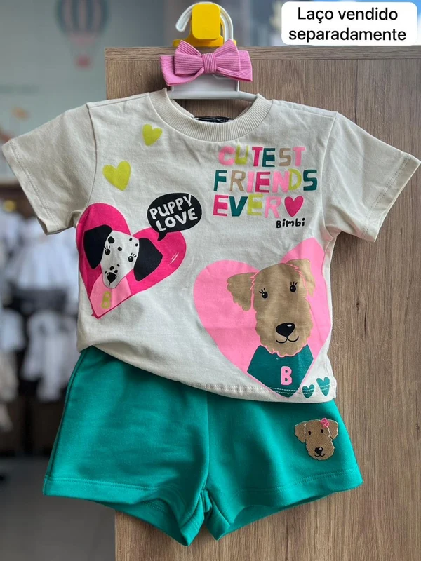 CONJUNTO BLUSA MANGA CURTA CACHORRO CUTES FRIENDS E SHORT MENINA BIMBI BEGE/VERDE / 6