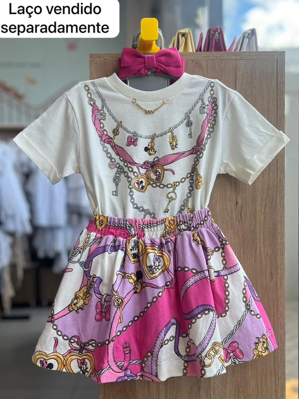 CONJUNTO BLUSA MANGA CURTA MINNIE DAISY E SAIA MENINA ANIMÊ OFF/ROSA / 8