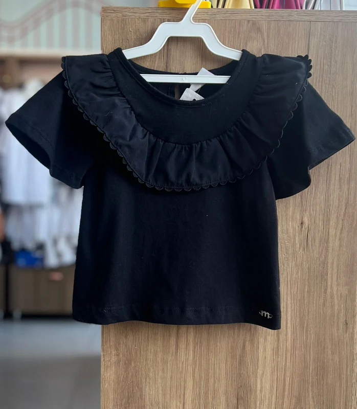 BLUSA MANGA CURTA BABADO RENDA MENINA MOMI Preto / 12