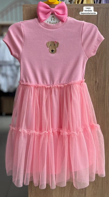 VESTIDO MANGA CURTA CANELADO CACHORRO TULE MENINA BIMBI Rosa / 6