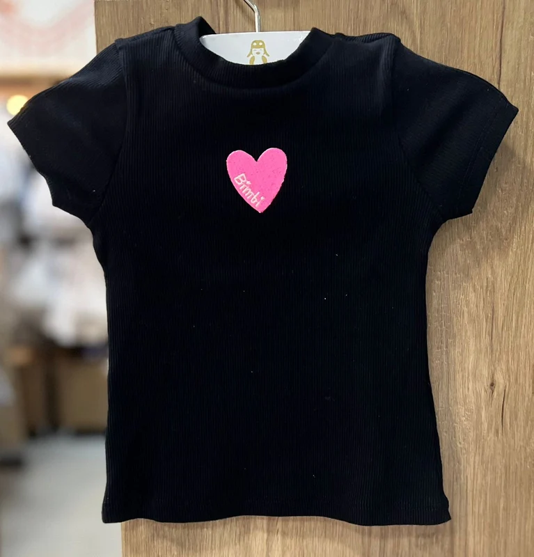 BLUSA MANGA CURTA CANELADA CORAÇÃO BORDADO MENINA BIMBI Preto / 4