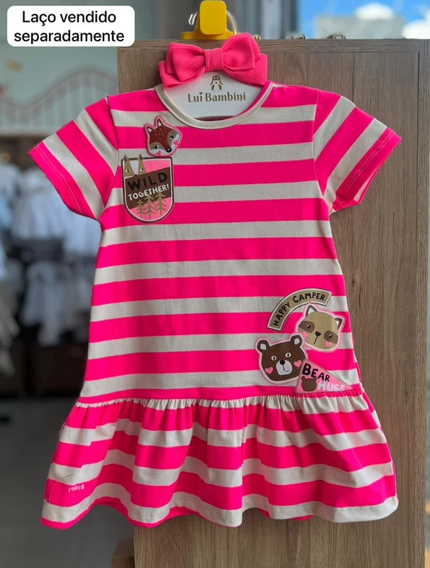 VESTIDO MANGA CURTA LISTRADO WILD RAPOSA BICHINHOS URSO LISTRADO MENINA BIMBI PINK/OFF / 8