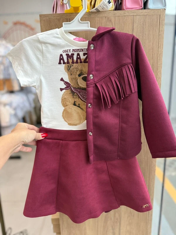 CONJUNTO JAQUETA MANGA LONGA FRANJINHA AVELUDADO BOIADEIRA COWGIRL BLUSA MANGA CURTA URSO STRASS E SAIA MENINA MOMI OFF/VINHO / 3