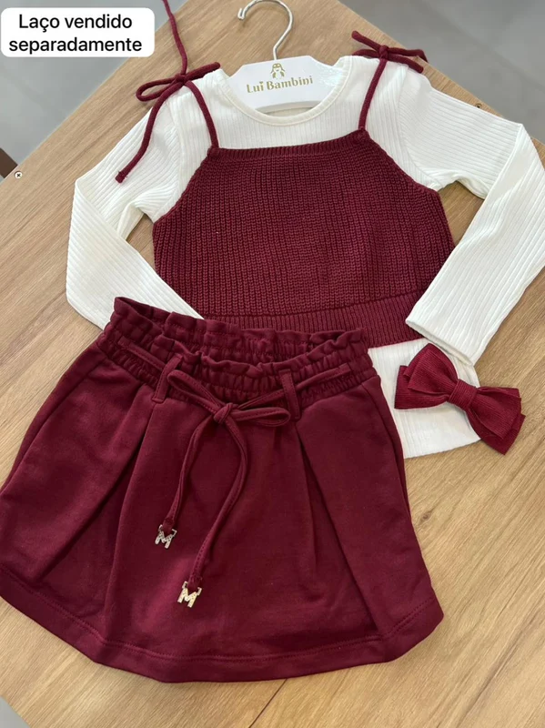 CONJUNTO BLUSA MANGA LONGA CANELADO BLUSINHA TRICOT FIXA AMARRAÇÃO E SHORT SAIA MENINA MOMI OFF/VINHO / 6