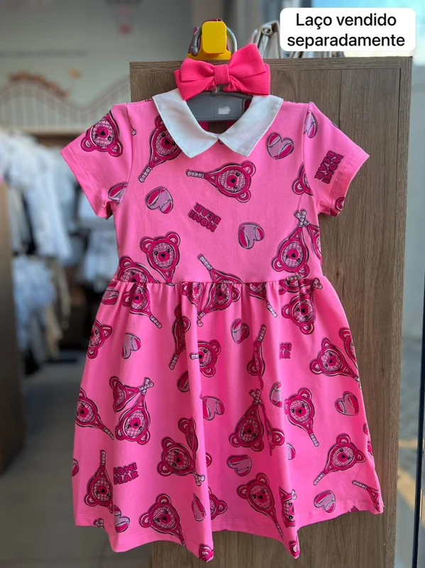 VESTIDO MANGA CURTA RAQUETES URSO MENINA MOMI Rosa / 8
