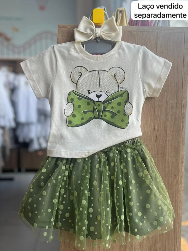 CONJUNTO BLUSA MANGA CURTA URSO STRASS E SAIA TULE POA MENINA MOMI BEGE/VERDE / 3