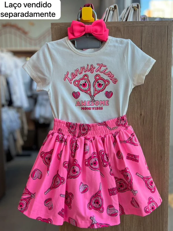 CONJUNTO BLUSA MANGA CURTA URSO RAQUETE E SAIA MENINA MOMI OFF/ROSA / 8
