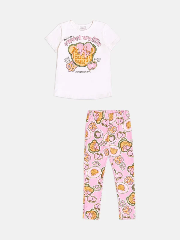CONJUNTO BLUSA MANGA CURTA WAFFLES URSO LANCHE CALÇA LEGGING MENINA MOMI OFF/ROSA / 8