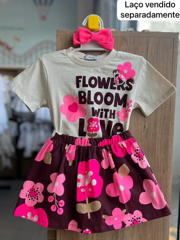 CONJUNTO BLUSA MANGA CURTA FLOWERS JOANINHA PATCH E SAIA MENINA BIMBI BEGE/VINHO / 6