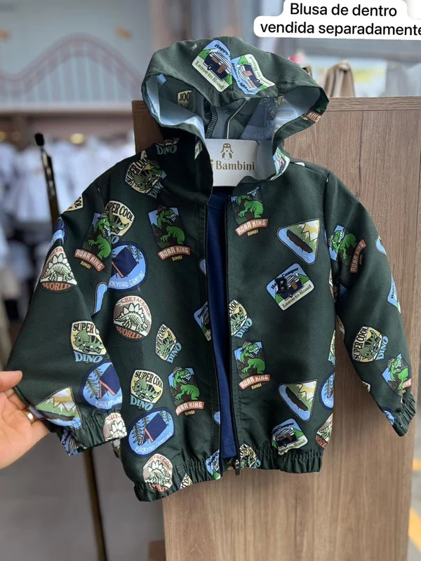 JAQUETA MANGA LONGA CORTA VENTO AVENTURAS DINO DINOSSAURO ZÍPER PATCHS CAMPING MENINO BIMBI Verde / 8
