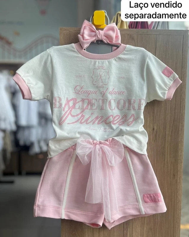 CONJUNTO BLUSA MANGA CURTA BALLET CORE PRINCESS E SHORT MENINA ANIMÊ OFF/ROSA / 8