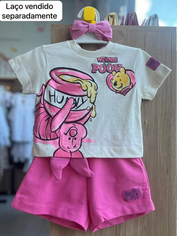 CONJUNTO BLUSA MANGA CURTA URSINHO POOH LEITÃO POTE DE MEL E SHORT MENINA ANIMÊ BEGE/ROSA / 3