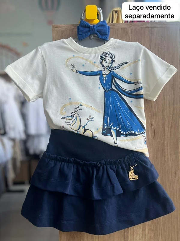 CONJUNTO BLUSA MANGA CURTA ELSA FROZEN STRASS BRINCAR NA NEVE E SAIA MENINA ANIMÊ OFF/MARINHO / 2