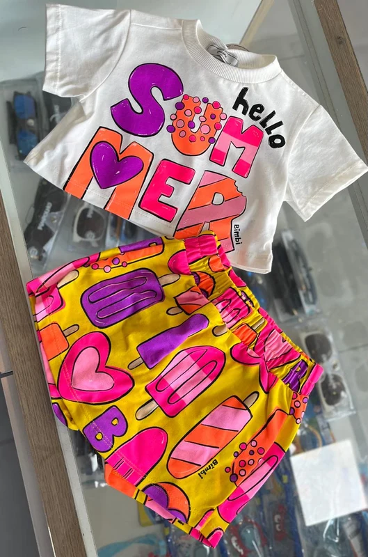 CONJUNTO BLUSA MANGA CURTA HELLO SUMMER E SHORT SAIA PICOLÉS MENINA BIMBI OFF/AMARELO / 8