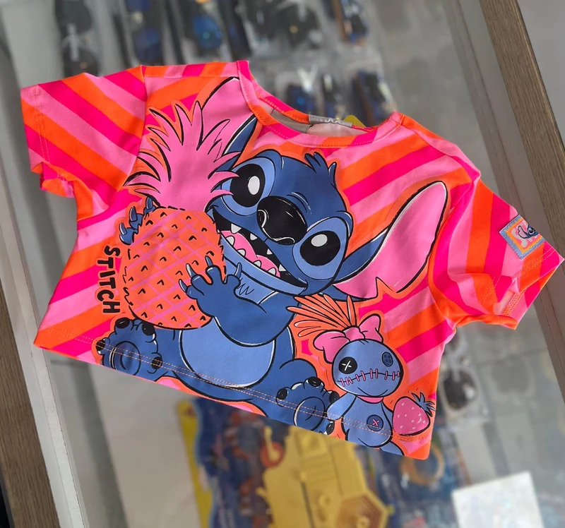 BLUSA MANGA CURTA STITCH E XÊPA LISTRAS MEINNA BIMBI ROSA NEON / 4