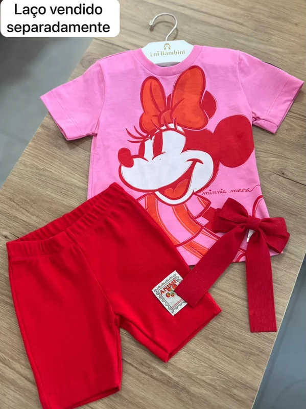CONJUNTO BLUSA MANGA CURTA MINNIE MOUSE E SHORT MENINA ANIMÊ ROSA/VERMELHO / 6