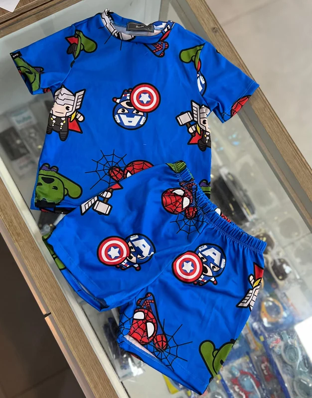 CONJUNTO PIJAMA CAMISETA MANGA CURTA E SHORT SUPER HEROIS MARVEL MENINO BIMBI AZUL / 12