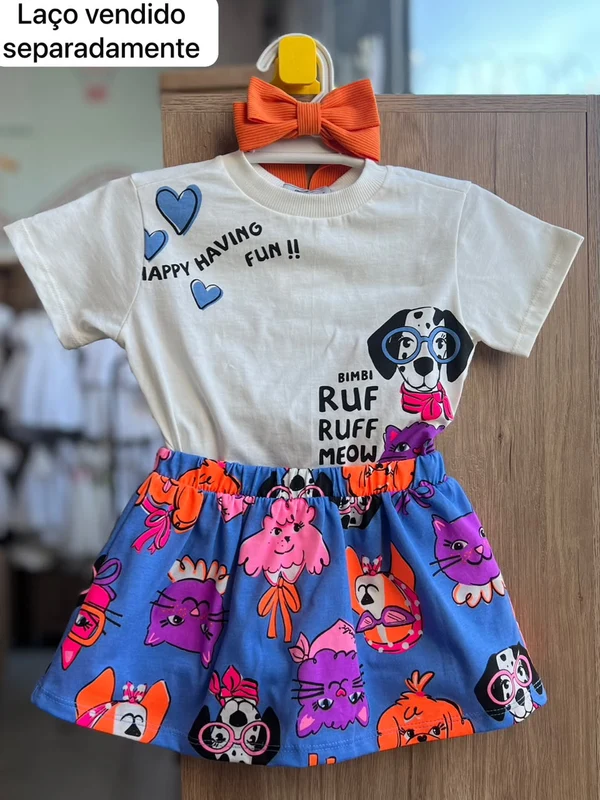 CONJUNTO BLUSA MANGA CURTA RUF RUF MEOW CACHORRO GATO E SAIA MENINA BIMBI OFF/AZUL / 4