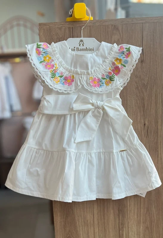 VESTIDO MANGA CURTA GOLA BABADO E RENDA FLORAL COM LAÇO MENINA ANIME OFF / 9-12M