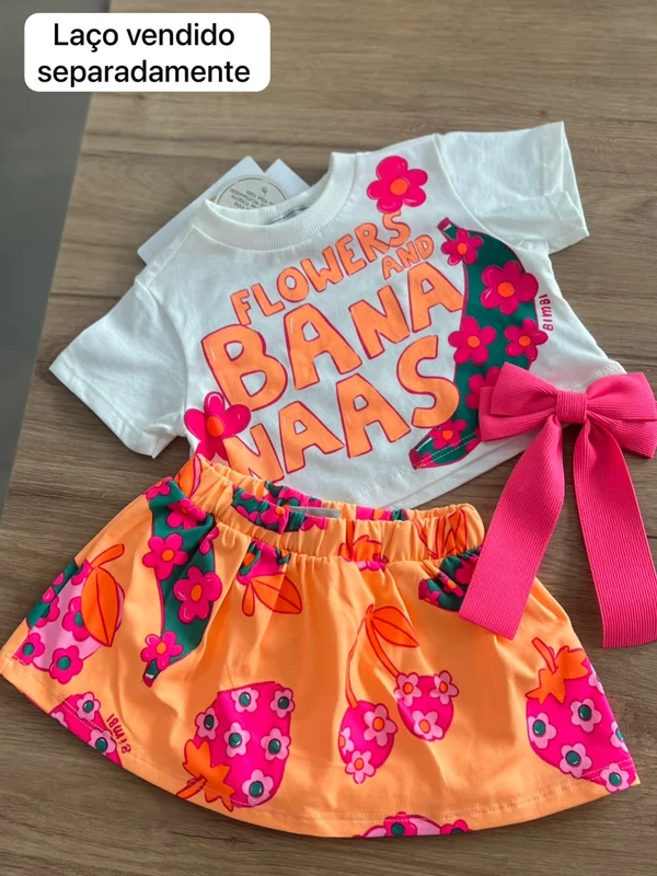 CONJUNTO BLUSA MANGA CURTA FLOR BANANA E SHORT SAIA FRUTAS MENINA BIMBI OFF/LARANJA / 12