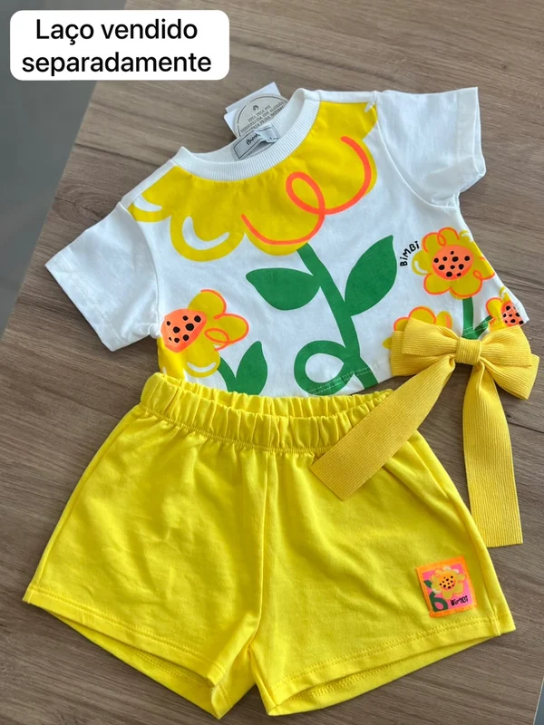 CONJUNTO BLUSA MANGA CURTA FLOR JARDIM E SHORT MENINA BIMBI OFF/AMARELO / 2