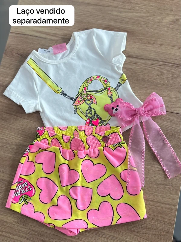 CONJUNTO BLUSA MANGA CURTA URSO BOLSA E SHORT SAIA CORAÇÕES MENINA MOMI OFF/ROSA / 6