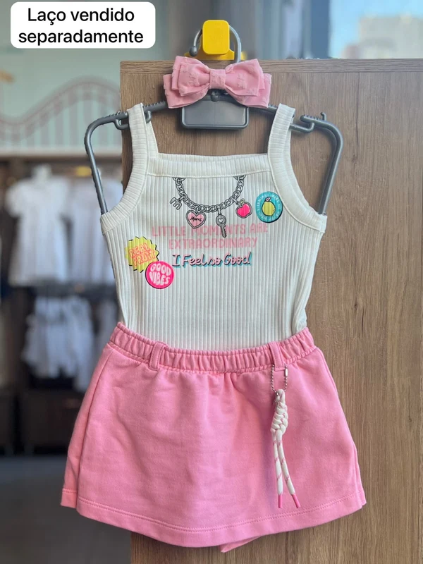 CONJUNTO BLUSA ALÇA CANELADO LITTLE MOMENTS GOOD VIBE E SHORT SAIA MENINA MOMI OFF/ROSA / 4
