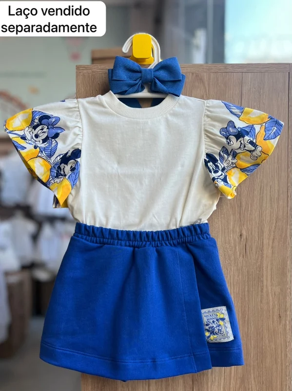 CONJUNTO BLUSA MANGA CURTA MINNIE MOUSE LIMÃO E SHORT SAIA MENINA ANIMÊ OFF/AZUL / 1