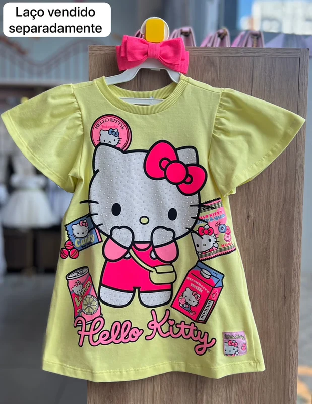 VESTIDO MANGA CURTA HELLO KITTY STRASS STRAWBERRY MILK MENINA MOMI VERDE NEON / 4