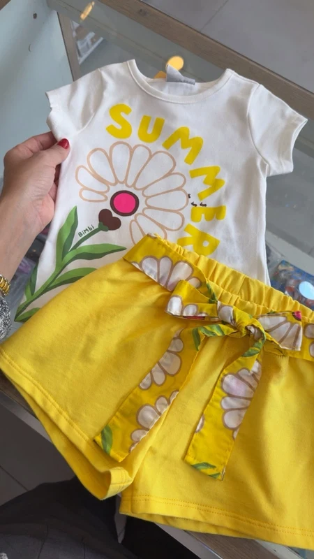 CONJUNTO BLUSA MANGA CURTA SUMMER FLOR E SHORT CINTO MENINA BIMBI OFF/AMARELO / 2