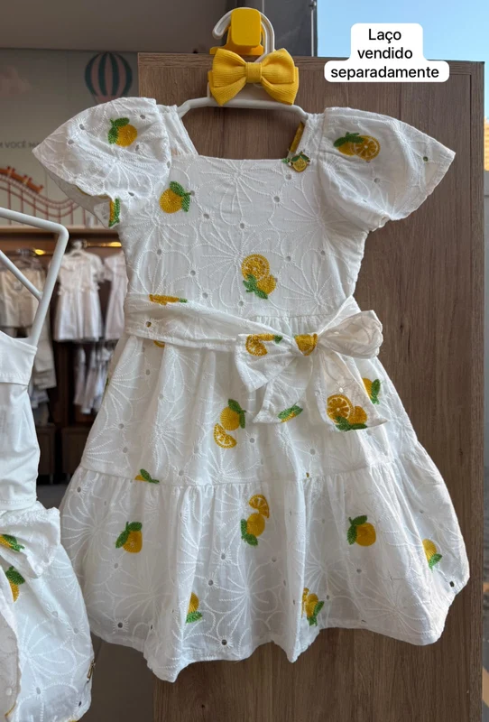 VESTIDO MANGA CURTA LAISE FLORES E LARANJAS BORDADAS COM CINTO MENINA MOMI BRANCO/AMARELO / 6