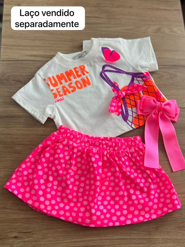 CONJUNTO BLUSA MANGA CURTA BORBOLETA LAÇO SUMMER E SAIA POA MENINA BIMBI OFF/ROSA / 2