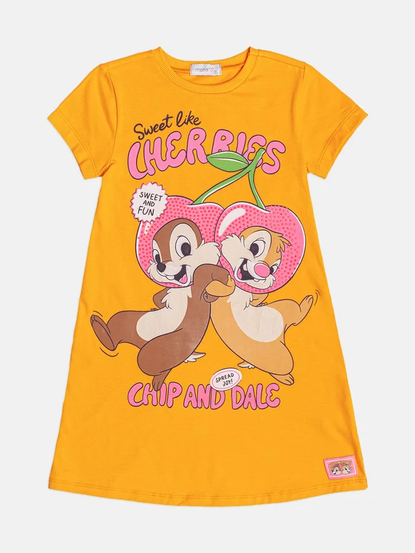 VESTIDO MANGA CURTA CEREJAS COM STRASS CHIP AND DALE MENINA MOMI LARANJA / 2