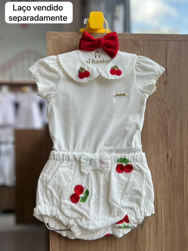 CONJUNTO BODY MANGA CURTA CEREJAS BORDADAS PATCH E SHORT LAISE MENINA MOMI OFF / 2
