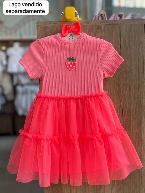 VESTIDO MANGA CURTA RIBANA E TULE MORANGO BORDADO MENINA BIMBI ROSA NEON / 10