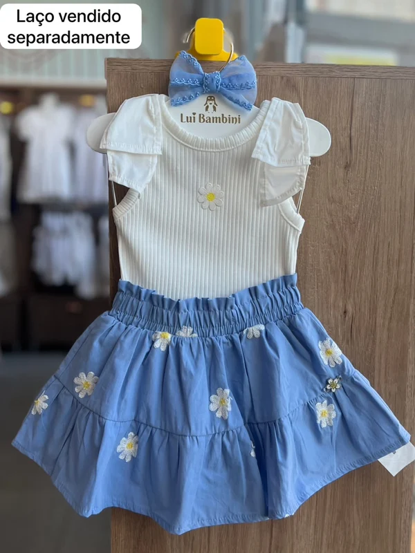 CONJUNTO BLUSA REGATA LAÇO OMBRO CANELADO PATCH FLOR E SAIA MENINA MOMI OFF/AZUL / 3