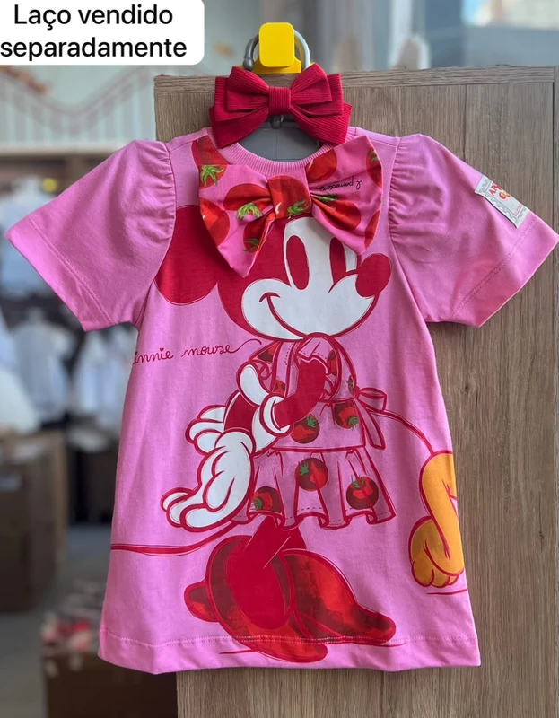 VESTIDO MANGA CURTA PLUTO MINNIE MOUSE LAÇO TOMATE MENINA ANIMÊ Rosa / 8