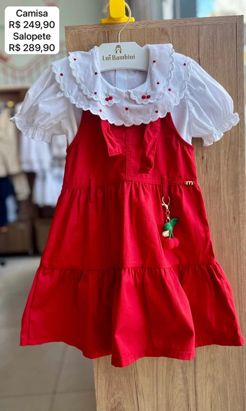SALOPETE ALÇA SARJA COM CHAVEIRO CEREJAS E FLOR MENINA MOMI Vermelho / 10