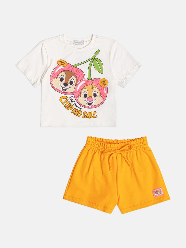 CONJUNTO BLUSA MANGA CURTA CEREJAS STRASS CHIP AND DALE E SHORT MOLETOM MENINA MOMI PEROLA / 16
