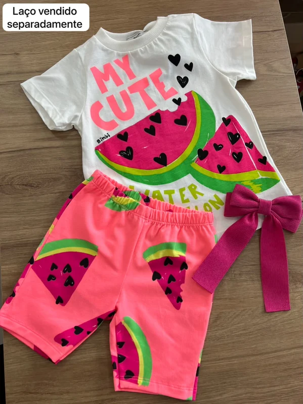 CONJUNTO BLUSA MANGA CURTA E SHORT MY CUTE MELANCIA MENINA BIMBI BRANCO/ROSA / 1