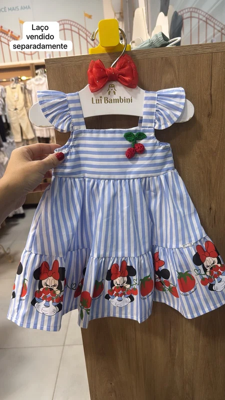 VESTIDO ALÇA BABADO LISTRADO MINNIE MOUSE MENINA ANIME AZUL/BRANCO / 2