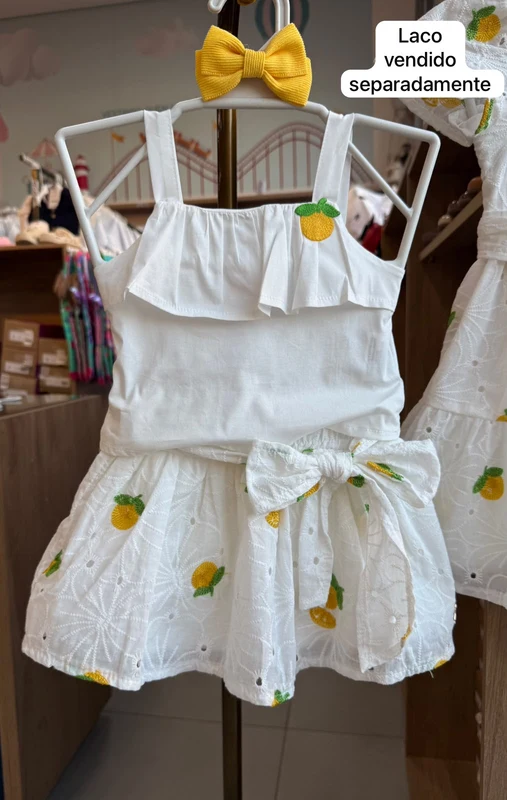 CONJUNTO BLUSA ALÇA BABADO COM SAIA LAISE FLORES E LARANJAS BORDADAS MENINA MOMI BRANCO/AMARELO / 12