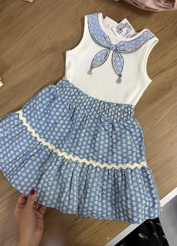 CONJUNTO BLUSA REGATA RIBANA LAÇO E SAIA FLORES BORDADAS MENINA MOMI OFF/AZUL / 4